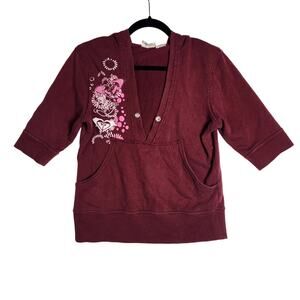 Vintage Y2K Roxy Hoodie Sz‎ L Short Sleeve V Neck Burgundy Pocket Embroidered